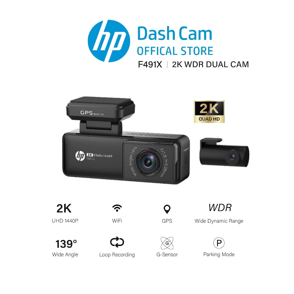 HP Dashcam F491X 2K + กล้องติดรถยนต์หน้า-หลัง Sensor WiFi + GPS มุมกว้าง 139 ° รับประกันศูนย์ไทย2ปี