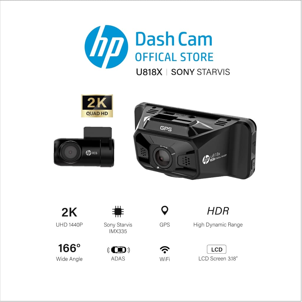 HP Dash Cam U818X 2K + กล้องหลัง SONY STARVIS GPS + WiFi + ADAS มุมกว้าง 166 ° องศา กล้องติดรถยนต์