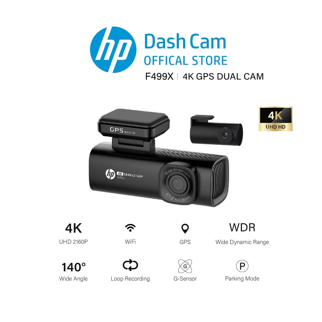 HP F499X Dashcam กล้องหน้าติดรถยนต์ 4K 2160P WDR GPS Wi-Fi กล้องติดรถยนต์ มุมกว้าง 140 องศา บันทึกวนซ้ำ ควบคุมผ่าน APP